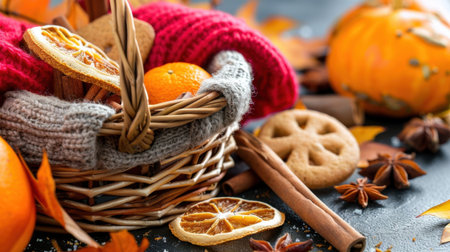 A beautifully styled autumn scene featuring a woven basket filled with juicy oranges, dried citrus slices, and warm knit textiles, set against vibrant fall leaves and spices. Perfect for celebrating the cozy season.の素材