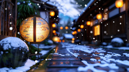 A tranquil winter setting featuring softly glowing lanterns along a snow-covered pathway in a traditional Japanese village, evoking peace and nostalgia.の素材