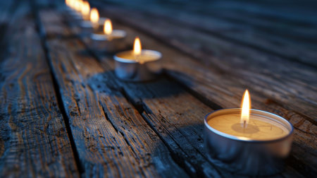 A serene arrangement of tea light candles on a rustic wooden surface captures a peaceful ambiance, perfect for creating warmth and relaxation at dusk.の素材