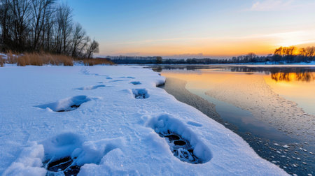 A serene winter landscape featuring snowy footprints leading to a calm river, illuminated by vibrant orange and blue hues of a sunset, capturing tranquility.の素材