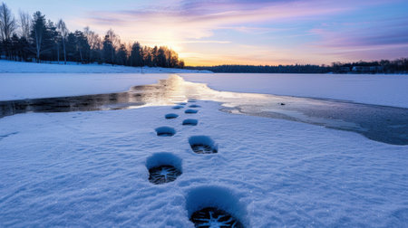 This serene winter scene captures fresh footprints in soft snow beside a partially frozen lake at sunset, creating a peaceful atmosphere and stunning natural beauty.の素材