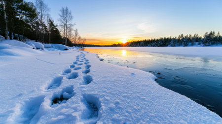 Experience the tranquility of a winter sunset as golden light reflects on a frozen lake, with soft snow footprints leading through the serene landscape.の素材