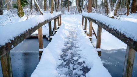A picturesque snow-covered footbridge spans a frozen creek, set in a tranquil winter forest. The scene evokes peace and the beauty of nature.の素材