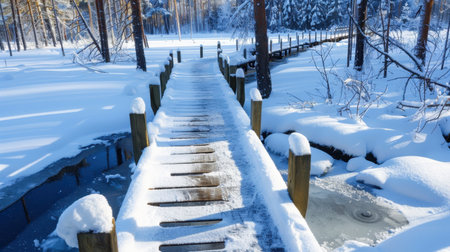 A stunning winter scene featuring a wooden pathway leading over a frozen waterway, surrounded by snow-covered trees and a bright clear sky.の素材