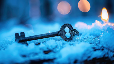 A vintage key beautifully contrasts with the frosty snow, illuminated by a warm candle glow, creating a serene winter evening atmosphere perfect for photography.の素材