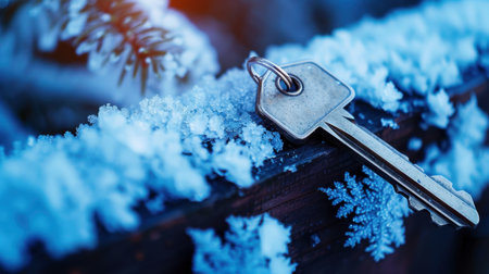 A close-up shot of a silver key resting on a wooden surface covered in frosty texture, surrounded by delicate snow and ice crystals, perfect for winter themes.の素材