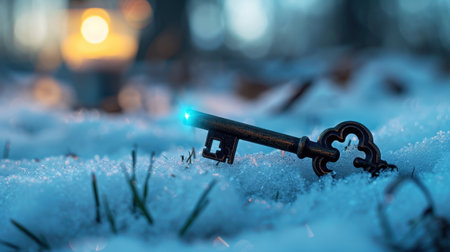 A vintage key rests on glistening snow, illuminated by soft candlelight in the background, evoking a sense of mystery and winter beauty.の素材