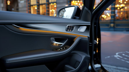 This image captures the refined details of a car interior featuring leather upholstery and a modern control panel, illuminated by city night lights.の素材