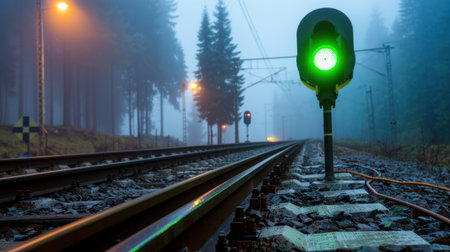 A serene railroad scene featuring a green signal light surrounded by fog and tall trees. The tracks lead into the mist, creating an atmospheric and tranquil environment.の素材