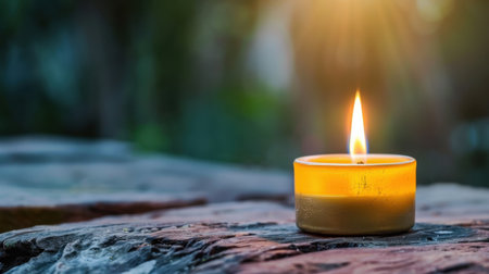 A beautifully lit candle sits on a rustic wooden surface, casting a warm glow against a tranquil natural background, evoking peace and relaxation.の素材