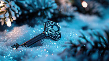 A vintage ornate key sits delicately on a snowy surface, surrounded by sparkling glitter and pine needles, evoking a magical winter wonderland atmosphere.の素材
