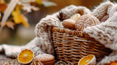 A charming autumn scene featuring a wicker basket filled with flavorful cookies and decorative dried orange slices, all draped in a soft knitted blanket.の素材