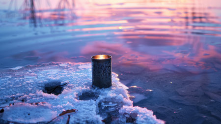 A solitary candle rests on a patch of ice by the water's edge, reflecting a stunning sunset that creates a serene winter atmosphere full of tranquility.の素材