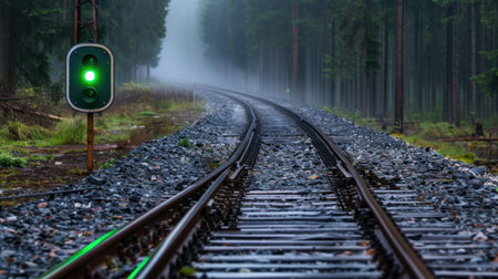 A tranquil scene of a railway track winding through a misty forest, highlighted by a green signal light that symbolizes safety and adventure in nature.の素材