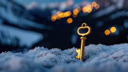 A stunning golden key emerges from a bed of snow, set against a captivating blurred backdrop of lights at dusk, inviting intrigue and wonder.の素材