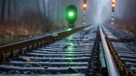 A captivating view of a railway track stretching into the misty distance, highlighted by a glowing green signal light that offers guidance and a sense of tranquility.の素材