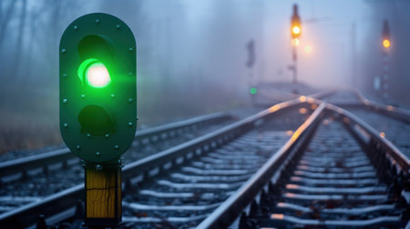 A captivating view of a green train signal shining brightly amidst a dense fog on railway tracks, creating a serene and mysterious atmosphere for travelers.の素材
