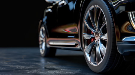Detailed close-up view of a sleek black car wheel highlighting the glossy rim and textured tire. The dark background enhances the luxury and modern appeal.の素材