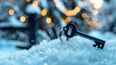 A vintage key emerges from a blanket of pristine snow, surrounded by soft bokeh lights in a serene winter setting, evoking a sense of mystery and adventure.の素材