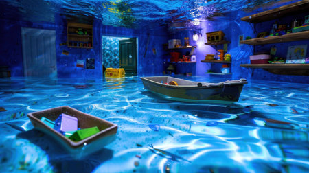 This enchanting underwater scene captures a whimsical moment featuring a small boat and colorful toys, all set against a vibrant blue room.の素材