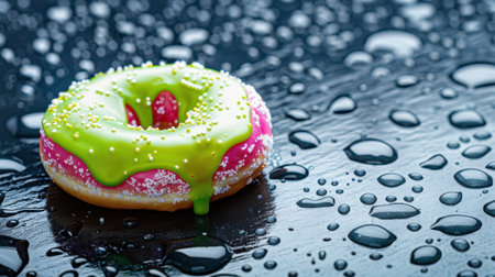 This image features a brightly colored donut with vibrant green and pink icing, artfully placed on a glossy surface adorned with water droplets, highlighting its delicious appeal.の素材