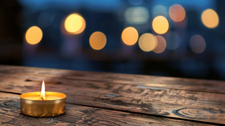 A glowing candle flame sits atop a rustic wooden table, illuminating the surroundings with warmth. The soft bokeh creates a serene atmosphere perfect for relaxation and reflection.の素材