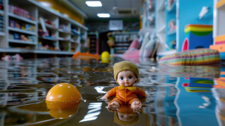 A haunting scene of a flooded toy store features a doll and an orange ball floating in murky water, surrounded by colorful toys and shelves.の素材