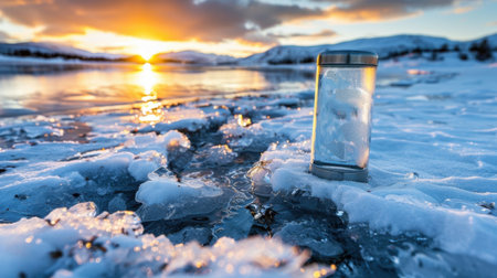 A breathtaking winter scene featuring a frosted ice formation beside a tranquil river during sunset. The vibrant colors enhance the serene atmosphere.の素材