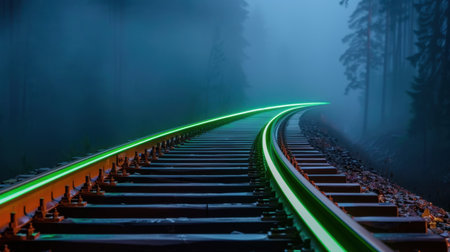 A captivating view of a curving railway track winding through a fog-laden forest at dusk, illuminated by a soft green light. Ideal for themes of adventure and tranquility.の素材