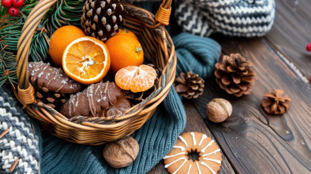 This inviting winter scene features a woven basket filled with fresh oranges, pine cones, cookies, and nuts, surrounded by cozy knitted textiles.の素材