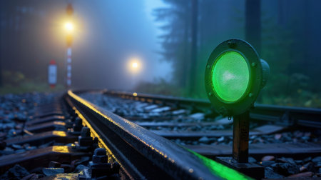 A captivating scene of a green signal light illuminating the train tracks in a foggy forest at night, offering a sense of adventure and tranquility.の素材