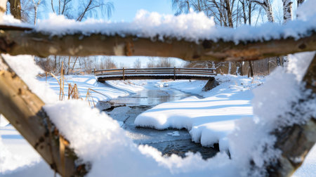 This beautiful winter scene captures a snow-covered stream and a wooden bridge framed by frosty branches under a bright blue sky.の素材