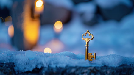 A captivating close-up of a golden vintage key nestled in snow, enhanced by soft bokeh lights that create a magical winter atmosphere.の素材