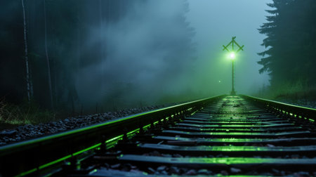 A hauntingly beautiful scene of railway tracks captured on a foggy night, illuminated by a green signal light, surrounded by serene trees and mist.の素材