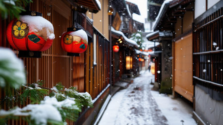 A tranquil winter scene featuring a snowy alley adorned with traditional lanterns in a historic Japanese district, capturing the serene beauty of winter.の素材