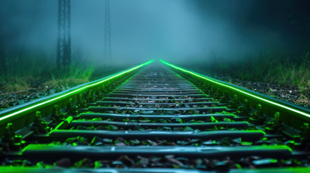 This captivating image showcases illuminated railway tracks glowing in green against a foggy backdrop, creating an atmosphere of mystery and adventure.の素材