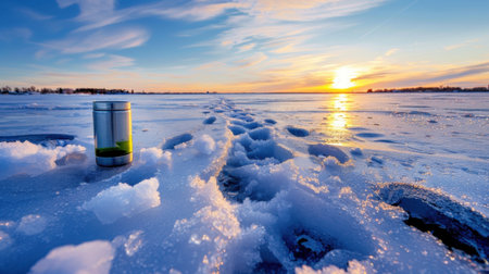 A beautiful sunrise casts a warm glow over a frozen lake, featuring a cup nestled in snow and footprints leading away, evoking adventure and serenity.の素材