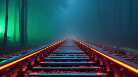 A captivating scene featuring railway tracks stretching into a fog-covered forest. Glowing lights enhance the mysterious ambiance, inviting exploration.の素材