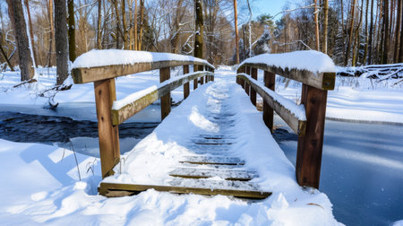 A beautiful winter scene featuring a snow-covered wooden bridge crossing over a frozen stream, framed by tall trees and a clear blue sky, perfect for nature lovers.の素材
