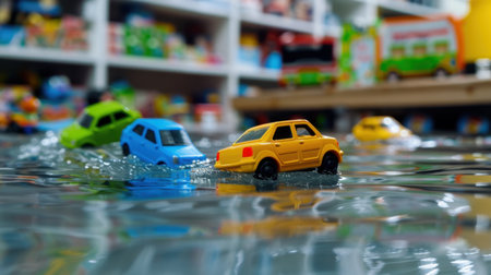 Brightly colored toy cars float on a water surface, creating splashes. This playful scene evokes childhood memories and showcases creativity in a lively setting.の素材