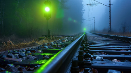 A captivating view of foggy railway tracks illuminated by a green signal light, creating a serene and atmospheric scene in a tranquil landscape.の素材