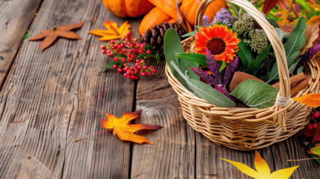 A beautifully arranged autumn harvest basket filled with colorful flowers and vibrant leaves, placed on a rustic wooden table. Perfect for seasonal decor.の素材