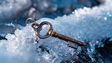 An antique key sits elegantly on a bed of sparkling ice, creating a captivating scene that blends vintage charm with natural beauty in soft lighting.の素材