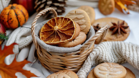 Capture the essence of autumn with a rustic basket of cookies, dried orange slices, and seasonal elements, perfect for cozy holiday gatherings.の素材