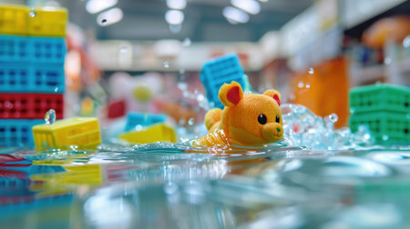 A delightful rubber duck glides through shimmering water, surrounded by bright plastic blocks, creating a playful and joyful atmosphere perfect for children.の素材