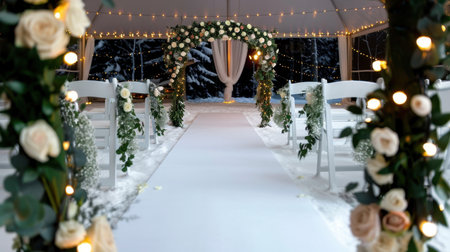 Captivating winter wedding setup featuring a beautifully decorated aisle with white flowers and soft fairy lights, creating a romantic atmosphere.の素材