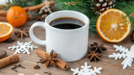 A cozy winter scene featuring a steaming coffee cup surrounded by fresh oranges, cinnamon sticks, pine, and decorative snowflakes, creating a warm atmosphere.の素材