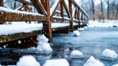 A picturesque winter scene featuring a snowy bridge arching over frozen water, surrounded by falling snowflakes, capturing the calm beauty of nature.の素材