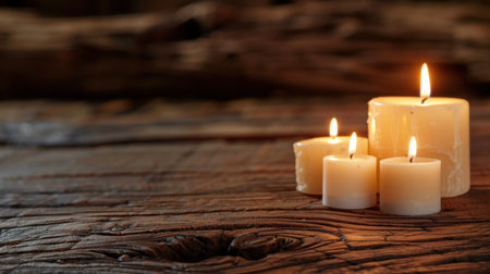 This captivating image captures a serene moment with warm flickering candles placed on a rustic wooden table, creating a tranquil ambiance perfect for relaxation and meditation.の素材