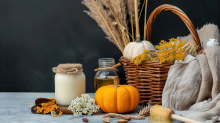 A serene autumn arrangement featuring a vibrant pumpkin, soft candlelight, and dried flowers in a rustic basket, ideal for seasonal decor and inspiration.の素材